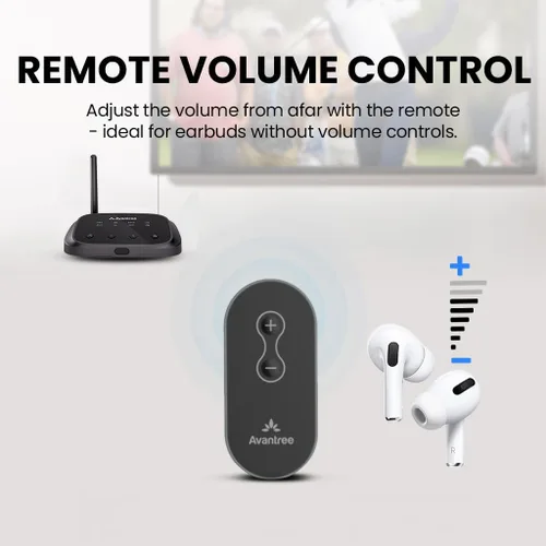 Vista 6 de Avantree Oasis Plus 2 - Transmisor Bluetooth para TV con control remoto de volumen, admite dos auriculares, aptX adaptable, barra de sonido