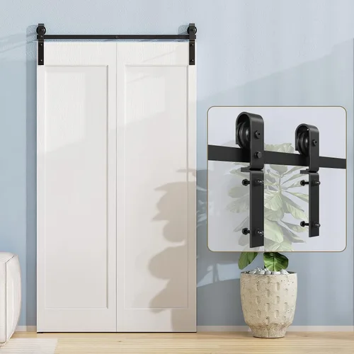 Vista 2 de ROOMTEC Kit de riel de hardware para puerta corrediza de granero biplegable de 2.5 pies, kit de rodillos negros para 2 puertas, forma de J