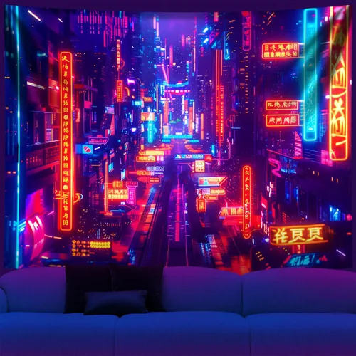 Vista 15 de NYZE Tapiz de luz negra de ciudad, tapiz de anime japonés, juego punk, fantasía, vista nocturna, paisaje urbano, arte futurista, neón, tapices