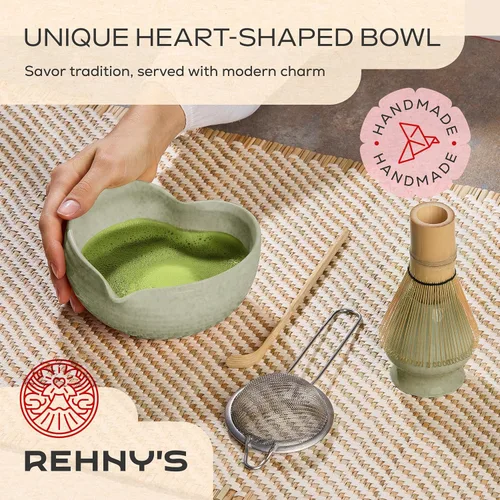 Vista 2 de Rehny's Juego de batidor Matcha Juego completo de matcha verde con cuenco en forma de corazón, batidor de bambú, soporte, tamiz de acero