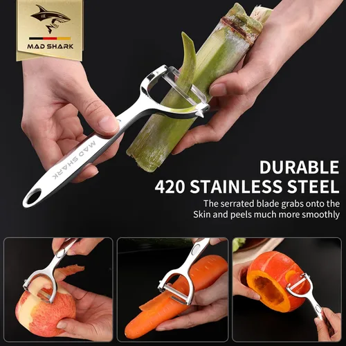 Vista 3 de MAD SHARK Peladores de verduras ultra afilados para cocina, frutas, manzanas, patatas, diseño con mango ergonómico antideslizante, acero inoxidable