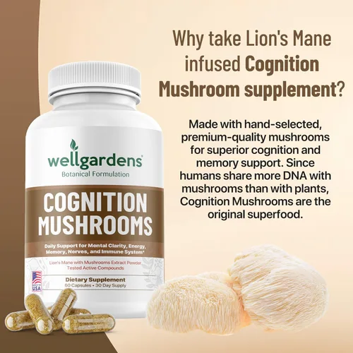 Vista 2 de Suplemento de hongos de cognición 100% puro, melena de león, reishi, cordyceps y más, promueve la claridad mental, el enfoque, la memoria