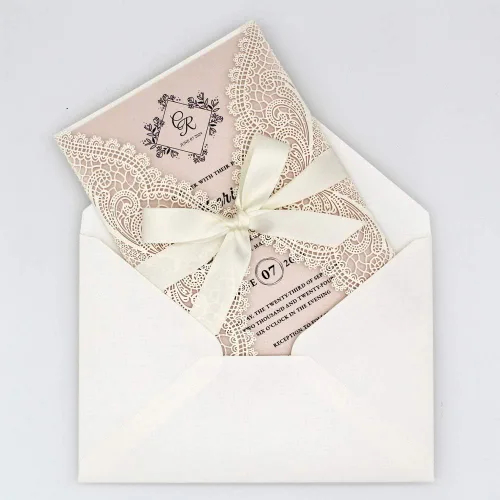 Vista 8 de 1 muestra de invitación de boda de 5 x 7 pulgadas, corte láser, invitaciones de boda rosa rubor de encaje con sobres para bodas, despedidas