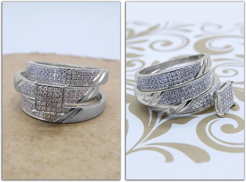 Vista 2 de Dazzlingrock Collection Round White Diamond Engagement Ring (Unisex) Trio Set for Men's and Women's (0.65 ctw, Color I-J, Clarity I2-I3) in 925