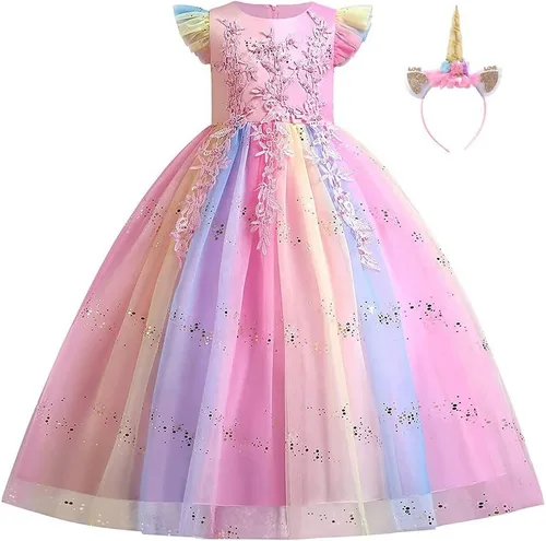 Vista 11 de Vestido de cumpleaños de princesa arcoíris de unicornio para niñas, disfraz de carnaval, fiesta de Navidad, vestido largo con diadema C002 Rainbow