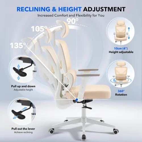Vista 5 de Silla de oficina ergonómica - Silla de escritorio de malla para el hogar con soporte lumbar ajustable, silla de juegos de computadora con respaldo