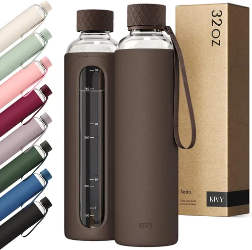 Vista 17 de KIVY Botella de agua de vidrio con funda de silicona de 22 oz