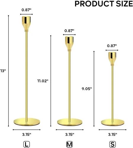 Vista 2 de Juego de 3 candelabros dorados para velas LED de 3/4 pulgadas de grosor y velas LED altas, portavelas cónico decorativo para bodas, cenas, fiestas
