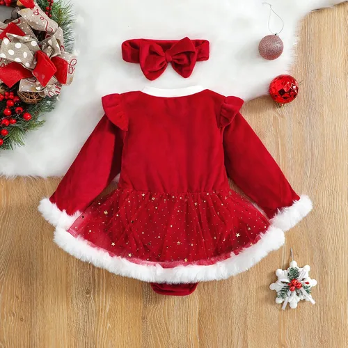 Vista 34 de Mameluco de Navidad para niñas recién nacidas, falda de malla de terciopelo rojo, traje de primera Navidad, regalo de Navidad