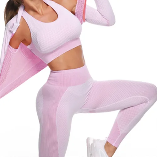 Vista 2 de SINBRLAI Conjunto de 3 piezas de entrenamiento sin costuras para mujer leggings deportivos de yoga y brasier deportivo elástico