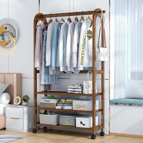 Vista 2 de Bamboo Clothes Rack with Wheels,Garment Rack,Multifunctional Entryway Clothing Storage,Hanging Rod for Small Spaces,with Shoe Storage Shelf and