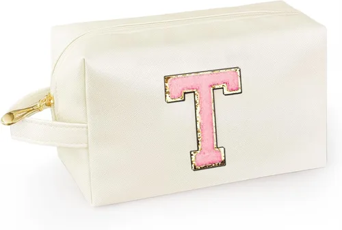 Vista 46 de Bolsa de maquillaje personalizada con inicial con asa, bolsa de cosméticos de preparación con bolsillo interior con cremallera, 8, 9, 10, 11, 12 Rosa
