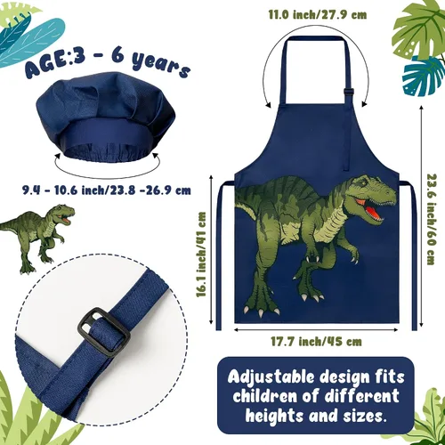 Vista 2 de R HORSE Juego de 2 delantales para niños y sombrero de chef, delantal de cocina de dinosaurio ajustable para niños, juguete de chef de juego de rol
