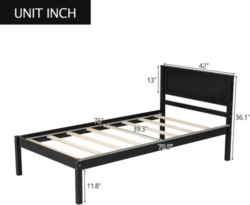 Vista 2 de Merax Base de cama de madera tamaño individual con cabecero, cama de plataforma de madera de granja con espacio debajo de la cama de 11.8 pulgadas