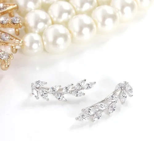 Vista 4 de Humble Chic 14K Gold Plated or Silver Tone Ear Crawler Earrings for Women - Crystal Leaf Ear Climber Earrings - Hypoallergenic Safe for Sensitive