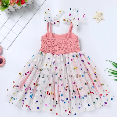 Vista 2 de Vestido tutú para niña, sin mangas, fruncido, vestido de verano con lentejuelas brillantes, lunares, estrellas, princesa, vestido de tul