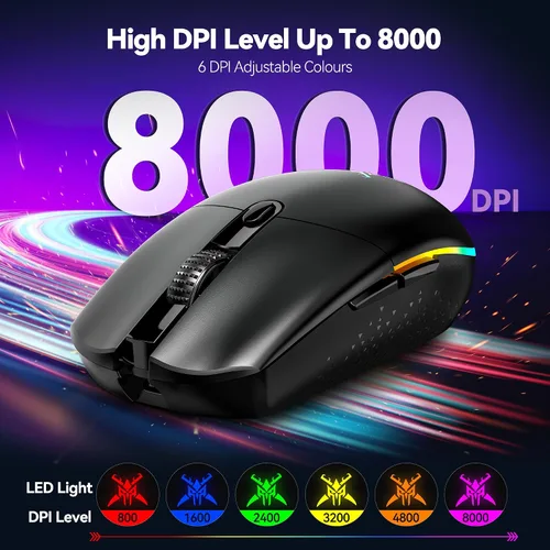 Vista 2 de TECKNET Mouse inalámbrico para juegos recargable, 8000 DPI, batería de 100 horas de larga duración, retroiluminación RGB, 6 botones programables