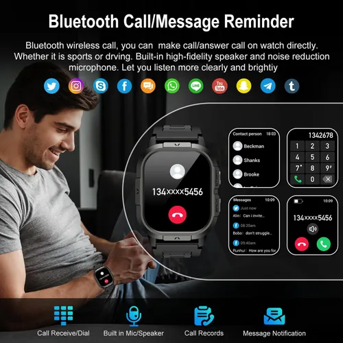 Vista 2 de Reloj inteligente para hombre con rastreador de fitness: impermeable, realiza/contesta llamadas, relojes digitales militares, corre, smartwatch