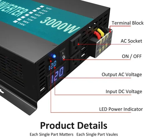 Vista 2 de WZRELB - Inversor de corriente solar de onda sinusoidal pura de 3000 W, 12 V, convertidor CC y CA (RBP300012W)