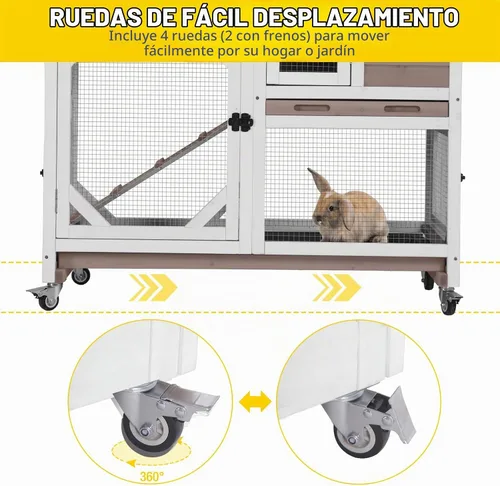 Vista 3 de Aivituvin Jaula de conejo para interiores con ruedas al aire libre de 2 pisos de madera de conejillo de indias con 2 bandejas extraíbles más