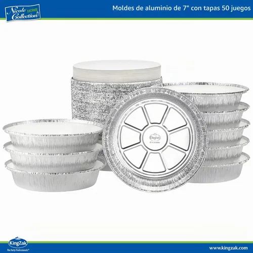 Vista 5 de Nicole Home Collection Sartenes de aluminio 7” Redondas desechables con tapas de papel de aluminio (paquete de 50) – Sartenes desechables redondas