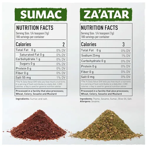 Vista 2 de Set de Sumac y Zaatar, Especia de Sumac 184g + Especia de Zaatar 184g, Pack Doble, Duo Esencial, Especia Za'atar para Panes, Ensaladas, Carnes