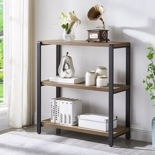 Vista 11 de FOLUBAN Estantería, Librero Moderno de 3 Niveles, Estantes de Libros de Madera y Metal para Sala de Estar, Oficina, Dormitorio, Roble Negro Rústico