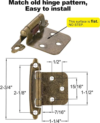 Vista 2 de 4 Pack (2 Pares) Bisagras de cierre automático de latón antiguo para puerta de gabinete de cocina, 1/2" de superposición (variable) Bisagras