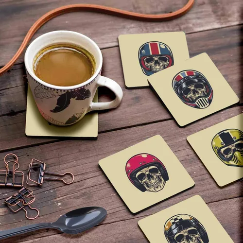 Vista 3 de Juego de 6 posavasos cuadrados de 4 pulgadas, fáciles de limpiar, base de corcho, reutilizables, diseño de calavera