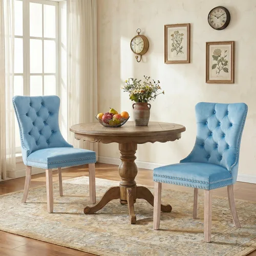 Vista 28 de SoarFlash Juego de 2 sillas de comedor de terciopelo, silla lateral de respaldo alto, silla lateral moderna tapizada de alta gama con botones Beige