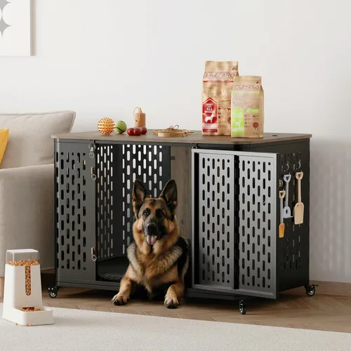 Vista 2 de ONBRILL Mueble resistente para perros grandes y medianos, jaula grande para perros con tapa abatible, cojín y ruedas, jaula para mascotas a prueba
