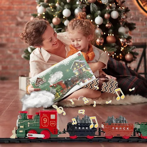 Vista 5 de Juego de Tren Eléctrico de Juguete para Niños, Juego de Tren de Navidad con Humo y Sonido para Debajo del Árbol Navideño, Modelos de Trenes