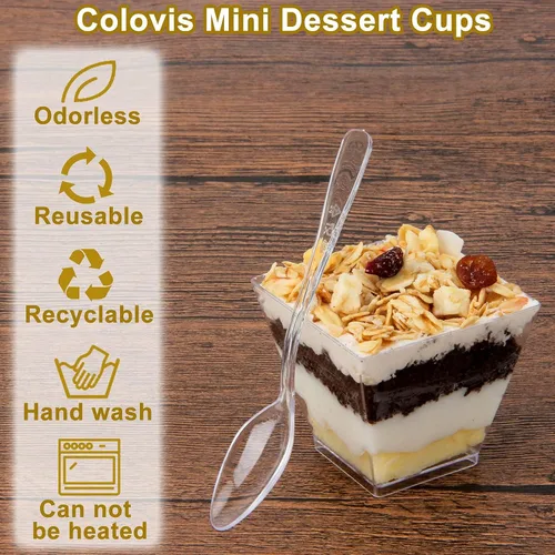 Vista 4 de Colovis Tazas Mini para Postres, 100 CT Tazas de Plástico Transparente de 2oz para Parfait y Aperitivos con Cucharas, Cuencos Mini Cuadrados