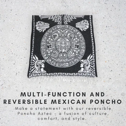 Vista 2 de Poncho mexicano azteca para hombres y mujeres Manta reversible Cobija para fiestas, exteriores, senderismo y campamento