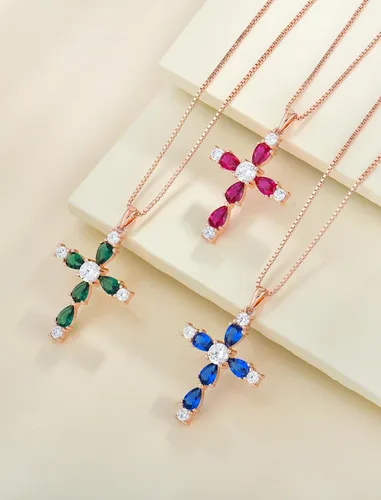 Vista 50 de YL Collar de cruz de plata de ley 925 con colgante de piedra natal religiosa para mujer