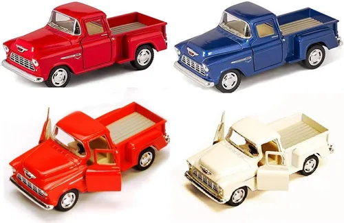 Vista 2 de Juego de 4 modelos escala de camioneta Chevy Stepside, escala 1/32, autos de acción de retroceso