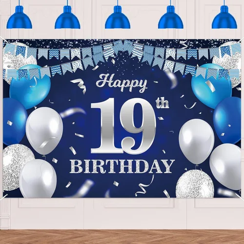 Vista 43 de Bandera de feliz primer cumpleaños con fondo azul marino, globos, confeti, bandera de rayas, luces de puntos, felicitaciones por el tema de 1 año