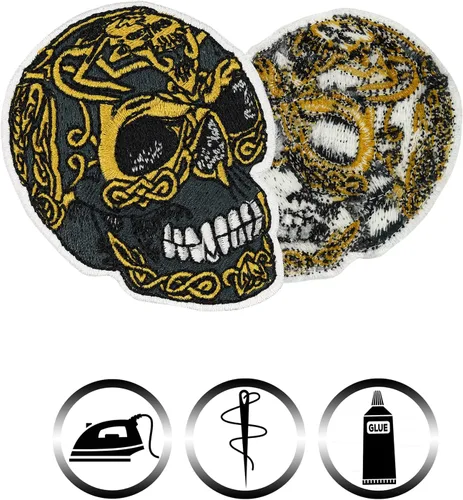 Vista 3 de Parche de calavera piratas Parche termoadhesivo de calavera dorada para todas las telas y cuero, calcomanía de cabeza de calavera para ropa