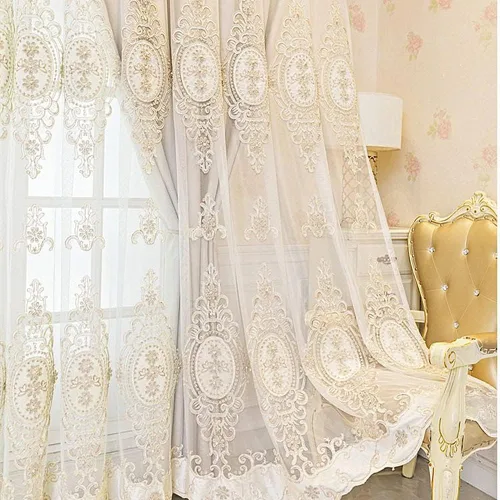 Vista 4 de Amidoudou 1 par de cortinas europeas de doble capa con cenefas para sala de estar, dormitorio, cortinas bordadas con flores 3D de lujo