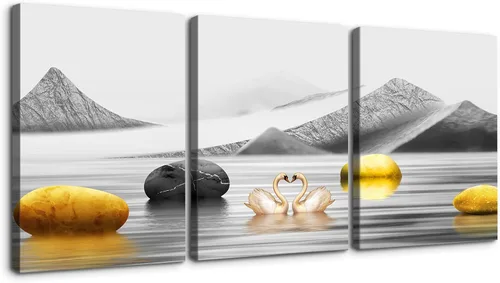 Vista 15 de Wewejia 3 piezas de lienzo gris para pared, calma/relajación, piedras zen doradas, cielo, pájaros, lago, niebla, luna llena, póster, arte de pared