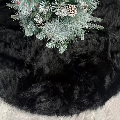 Vista 2 de Falda de árbol de Navidad de felpa negra de 24 pulgadas, pequeña, de piel sintética gruesa, lujosa decoración navideña para Año Nuevo, decoración