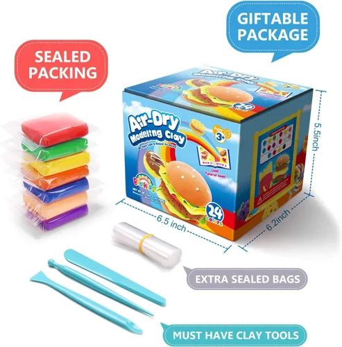 Vista 5 de Sago Brothers Arcilla seca al aire en 24 colores, kit de arcilla para modelar juguetes para niños, sin hornear y sin ensuciar, manualidades