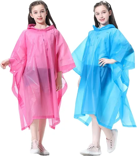 Vista 7 de Poncho de lluvia para niños, reutilizables, paquete de 2 abrigos impermeables de EVA con capucha para niños y niñas azul X2