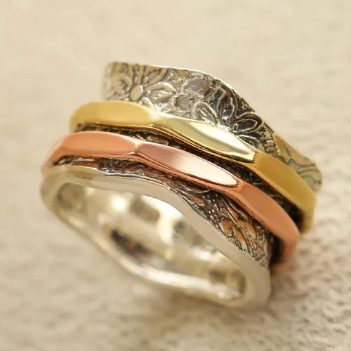 Vista 2 de ENERGY STONE Anillo antiestrés de plata de ley 925 Anillo giratorio para mujer Equilibrio y belleza Belleza exquisita romántica Patrón floral