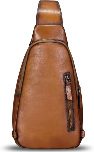 Vista 3 de LRTO Bolso de cuero genuino para hombres y mujeres, moda de cuero real, mochila bandolera de hombro, bolso cruzado de pecho