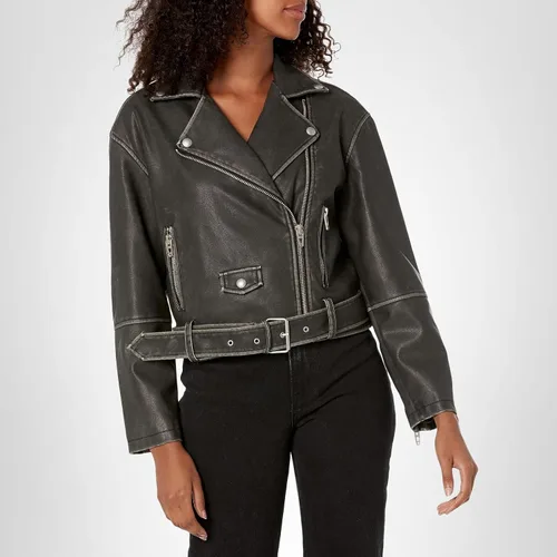 Vista 3 de [BLANKNYC] Ropa de lujo para mujer, chaqueta de moto de cuero vegano con cinturón, abrigo cómodo y elegante