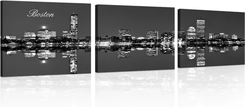 Vista 53 de TUMOVO 3 piezas de arte de pared en lienzo con diseño de horizonte de Atlanta, arte de pared panorámico de paisaje urbano en blanco y negro