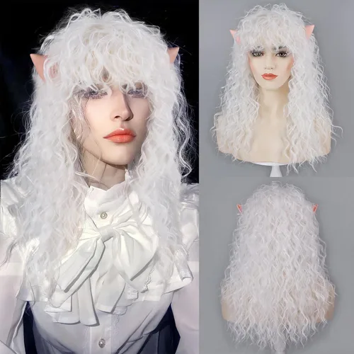Vista 17 de Peluca de cosplay estilo Bob azul oscuro + horquilla de libélula + collar para fiesta, disfraz de Halloween, peluca de mujer