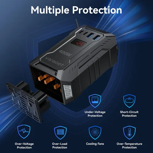 Vista 4 de Inversor de corriente para automóvil de 400 W CC 12 V a 110 V AC con PD 30 W/15 W USB C+2 puertos USB A y 2 salidas de CA, adaptador de enchufe