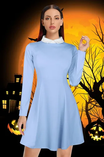 Vista 5 de CHAMA Vestido de patinadora casual de manga larga para mujer con cuello Peter Pan y acampanado